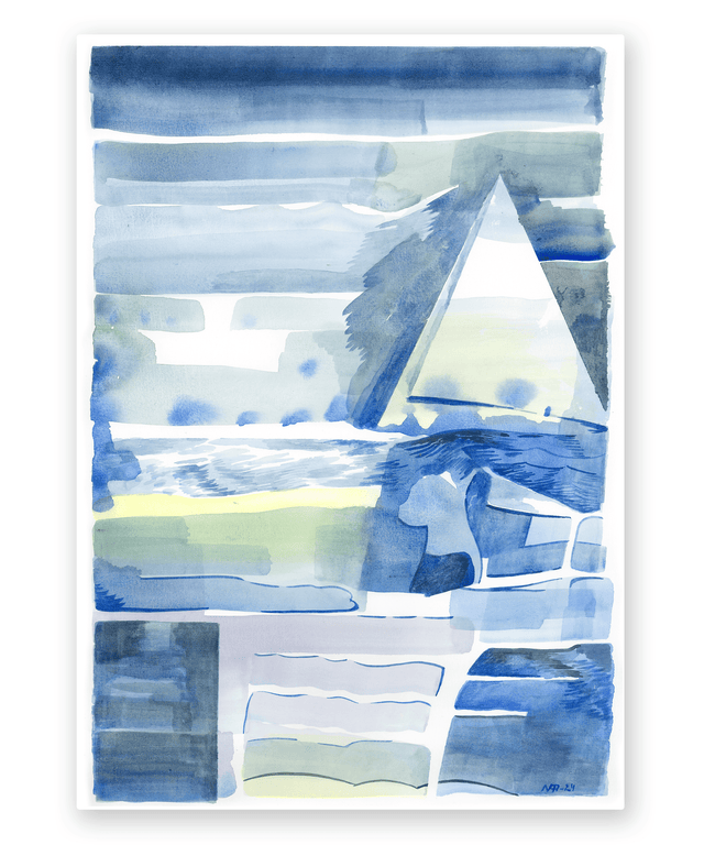 Nicolay Aamodt A3 print featuring vibrant watercolor inspired by the sea with abstract shapes and shades of blue.
